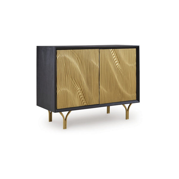 Yien Sideboard Console, 2 Carved Doors, Gold Legs, Black Wood 40 Inch -BM329745