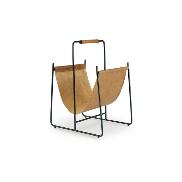 Faron Magazine File Rack with Handles, Black Metal, Brown Leather -BM329748