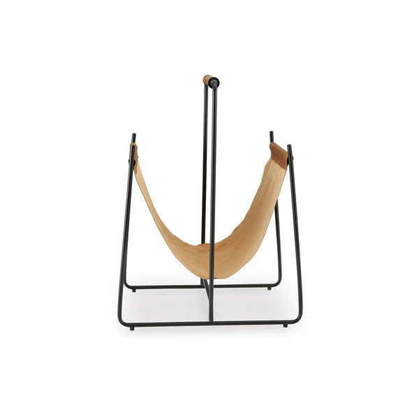 Faron Magazine File Rack with Handles, Black Metal, Brown Leather -BM329748