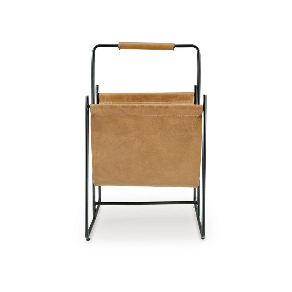 Faron Magazine File Rack with Handles, Black Metal, Brown Leather -BM329748