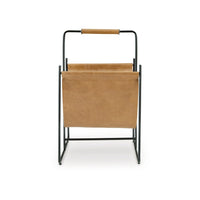 Faron Magazine File Rack with Handles, Black Metal, Brown Leather -BM329748