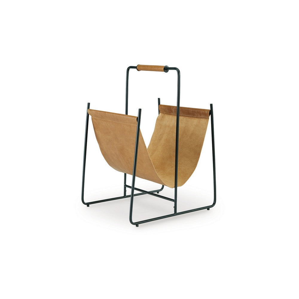 Faron Magazine File Rack with Handles, Black Metal, Brown Leather -BM329748