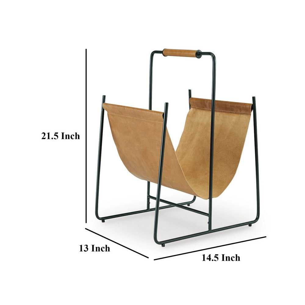 Faron Magazine File Rack with Handles, Black Metal, Brown Leather -BM329748