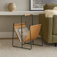 Faron Magazine File Rack with Handles, Black Metal, Brown Leather -BM329748