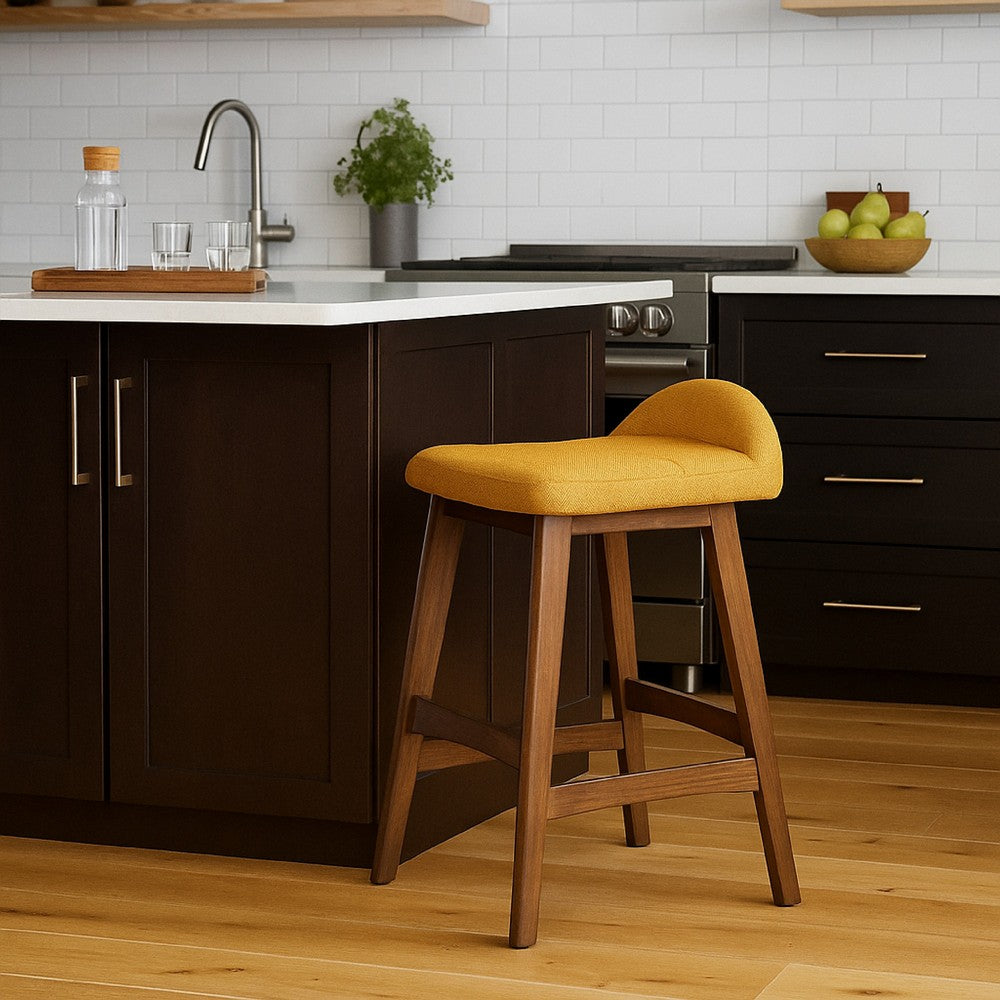 Jeyn Counter Stool with Footrest Set of 2, Brown Hardwood, Yellow Seat -BM329761