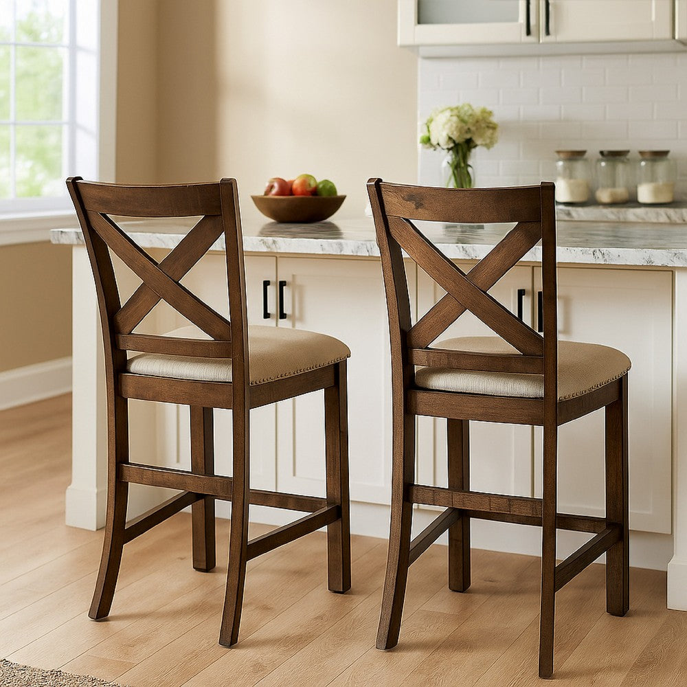 Chip Counter Height Chair Set of 2, Distress Nutmeg Wood, Polyester -BM329767