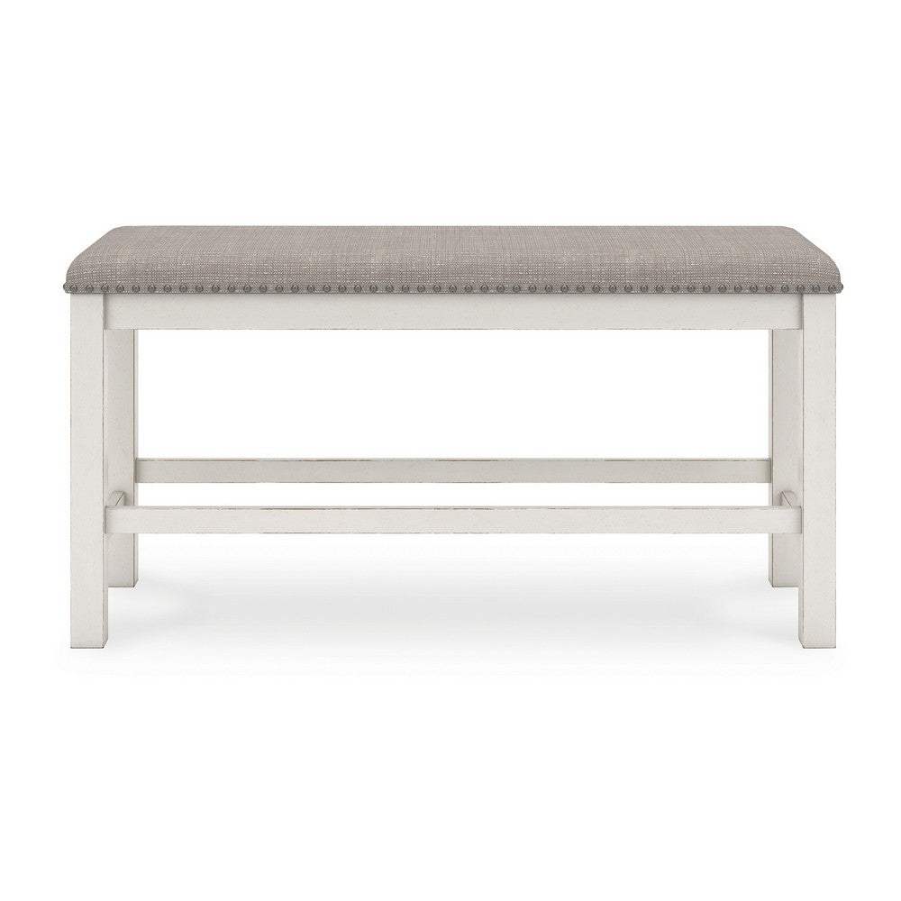Lea Counter Height Dining Bench, Classic White Wood, Gray Polyester -BM329777
