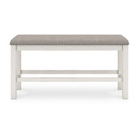 Lea Counter Height Dining Bench, Classic White Wood, Gray Polyester -BM329777