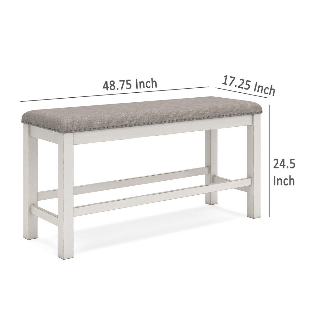 Lea Counter Height Dining Bench, Classic White Wood, Gray Polyester -BM329777