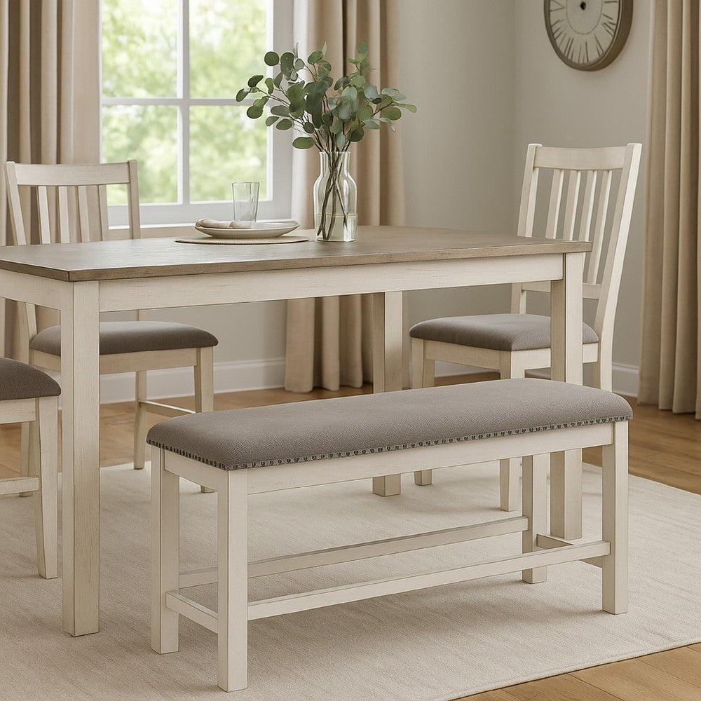 Lea Counter Height Dining Bench, Classic White Wood, Gray Polyester -BM329777