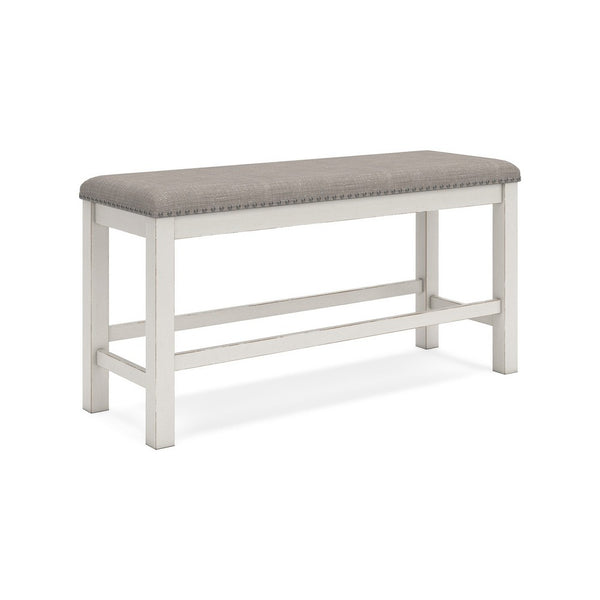 Lea Counter Height Dining Bench, Classic White Wood, Gray Polyester -BM329777