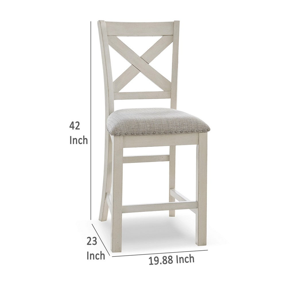 Lea Counter Height Chair Set of 2, White Solid Wood, Gray Polyester -BM329778