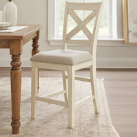 Lea Counter Height Chair Set of 2, White Solid Wood, Gray Polyester -BM329778