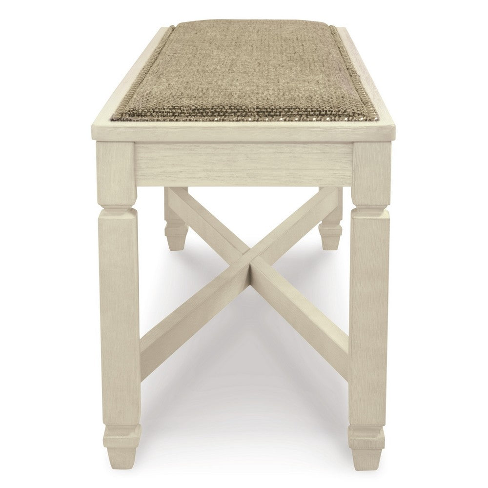 Bolan Large Dining Bench with Heavy Woven Fabric, White Wood, 50 Inch -BM329782