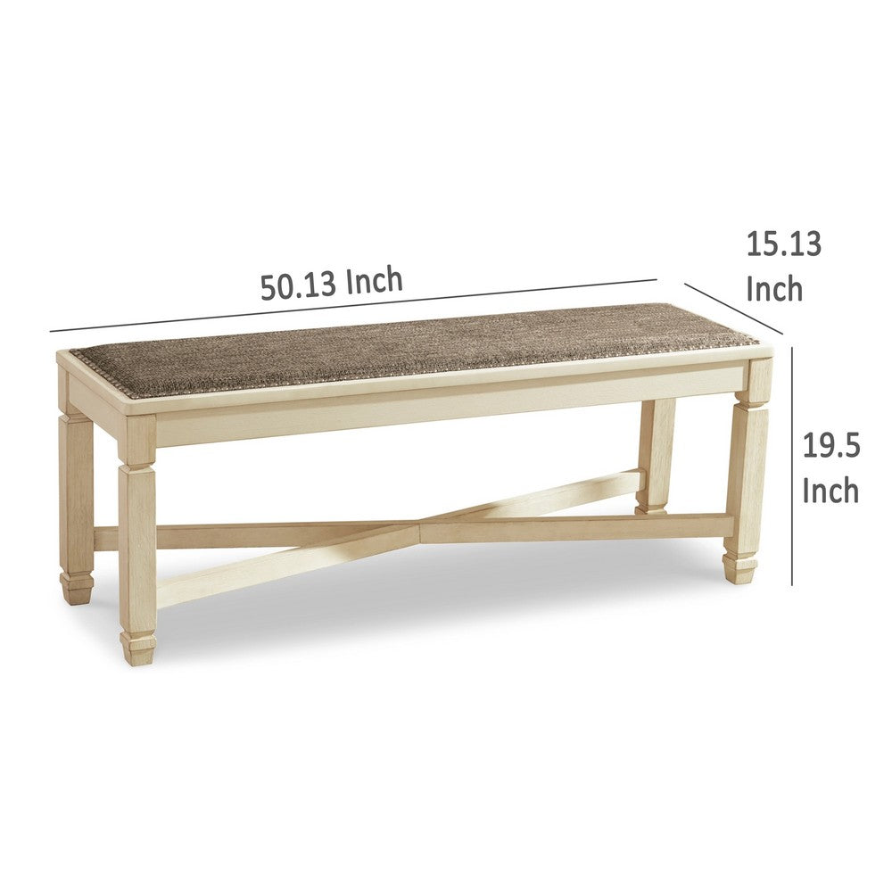 Bolan Large Dining Bench with Heavy Woven Fabric, White Wood, 50 Inch -BM329782