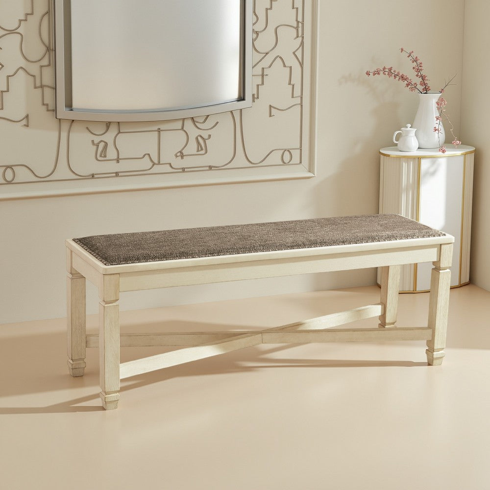 Bolan Large Dining Bench with Heavy Woven Fabric, White Wood, 50 Inch -BM329782