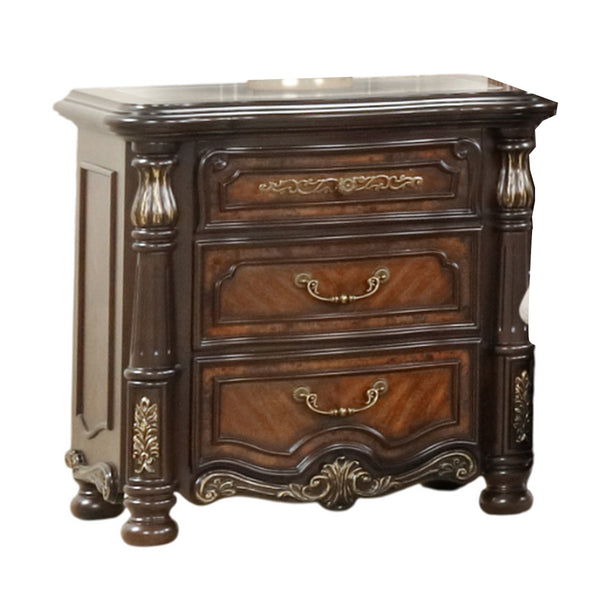 Ruth Nightstand, Real Marble, Mahogany Brown Solid Wood, Gold, 30 Inch  - BM329819