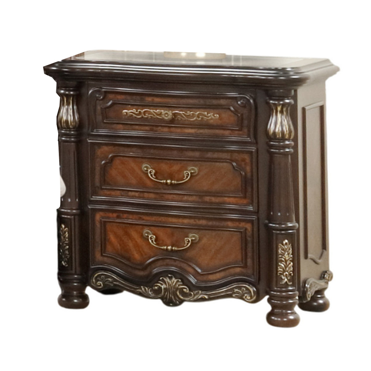 Ruth Nightstand, Real Marble, Mahogany Brown Solid Wood, Gold, 30 Inch  - BM329819