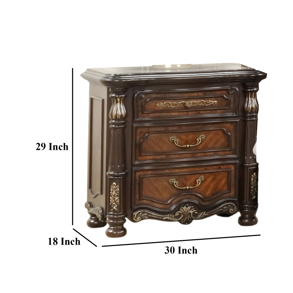 Ruth Nightstand, Real Marble, Mahogany Brown Solid Wood, Gold, 30 Inch  - BM329819