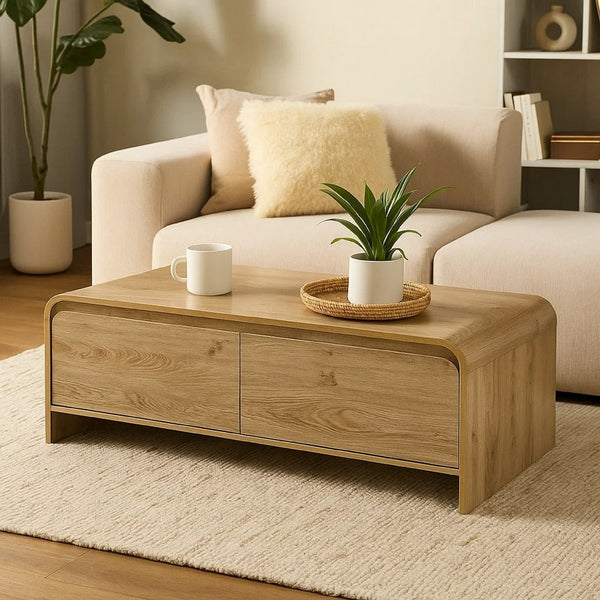 Maria Coffee Table, 2 Drawer and Waterfall Style, Beige Wood 47 Inch -BM329825