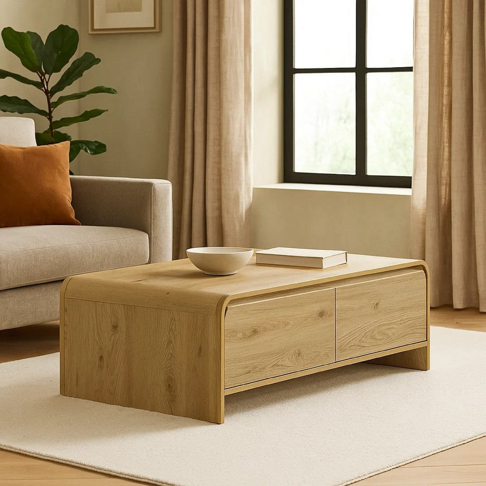 Maria Coffee Table, 2 Drawer and Waterfall Style, Beige Wood 47 Inch -BM329825