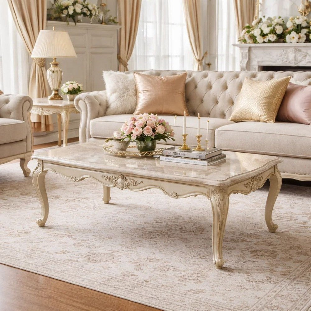 Kerra Cocktail Coffee Table, Beige Marble, Carved Champagne 54 Inch -BM329832