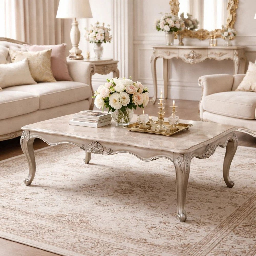 Kerra Cocktail Coffee Table, Beige Marble, Carved Champagne 54 Inch -BM329832