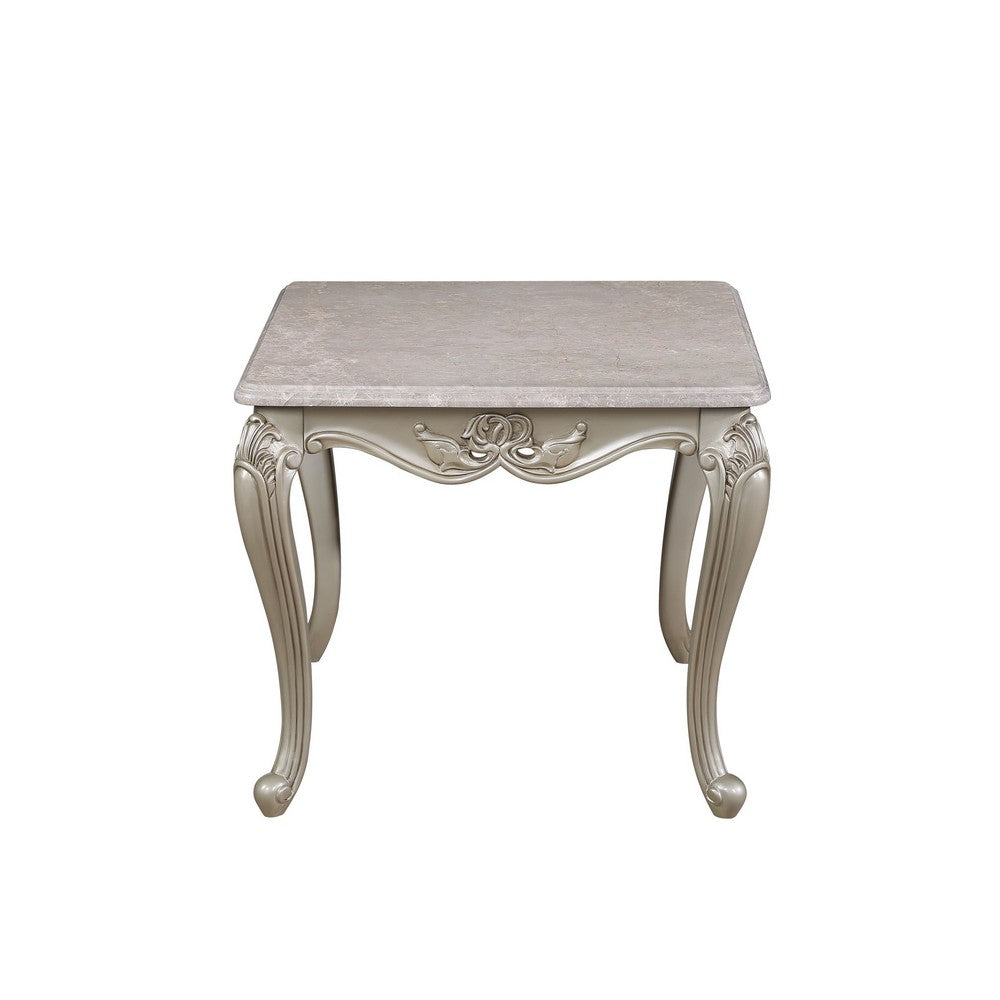 Kerra Side End Table, Beige Marble, Classic Carved Champagne 28 Inch -BM329834