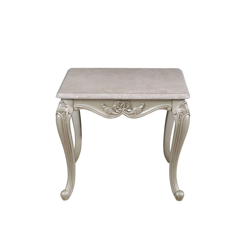 Kerra Side End Table, Beige Marble, Classic Carved Champagne 28 Inch -BM329834