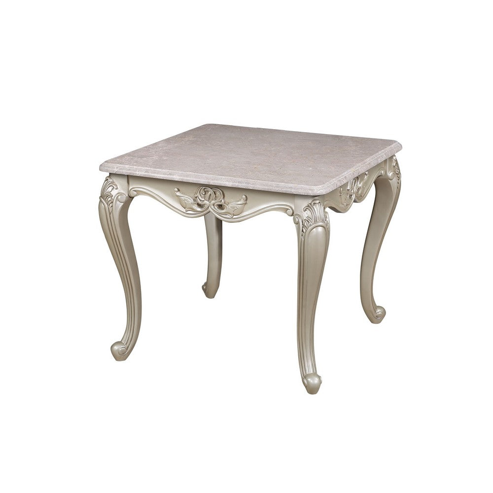 Kerra Side End Table, Beige Marble, Classic Carved Champagne 28 Inch -BM329834