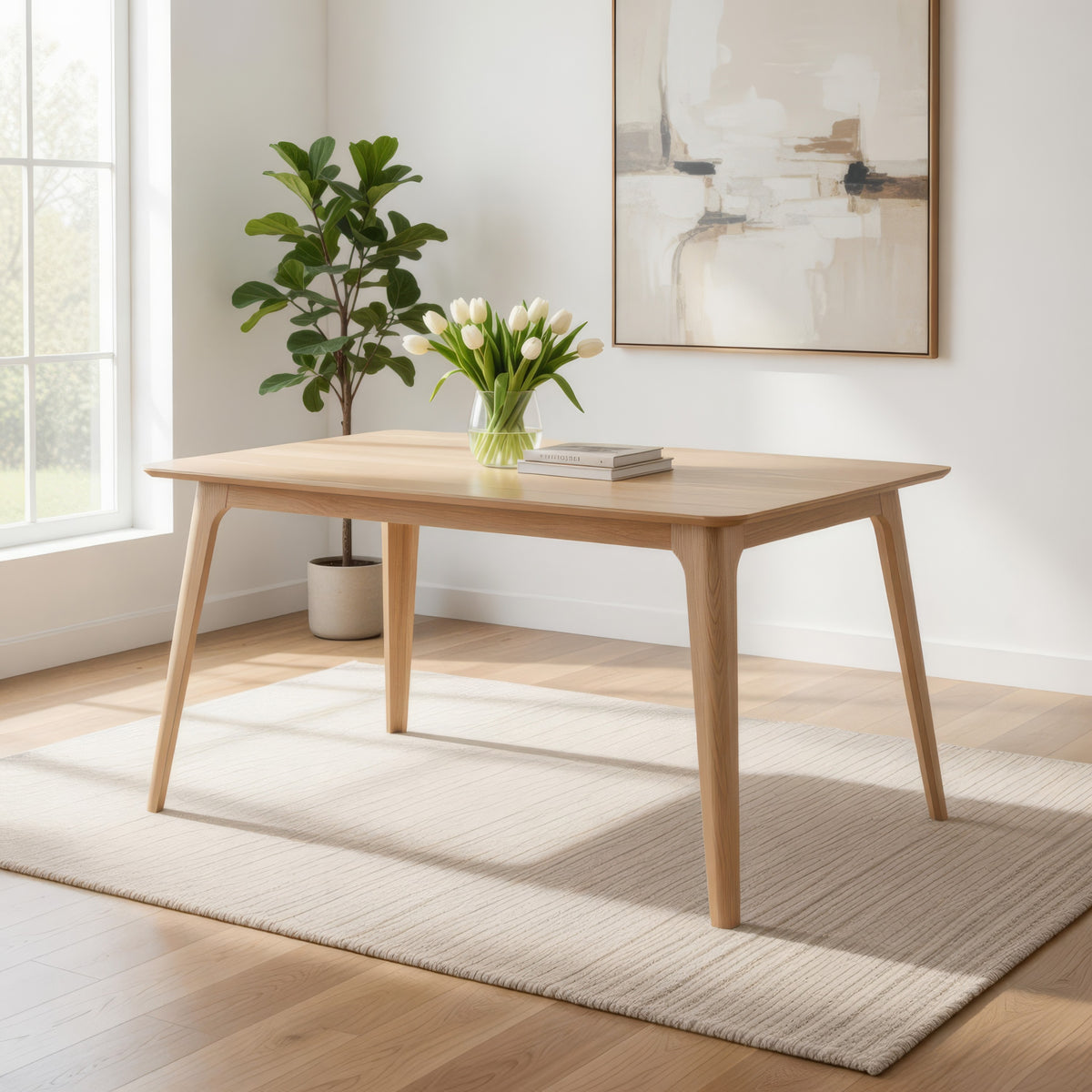 Scar Dining Table, Tapered Legs, Curved Rectangular White Wood 59 Inch  - BM329847