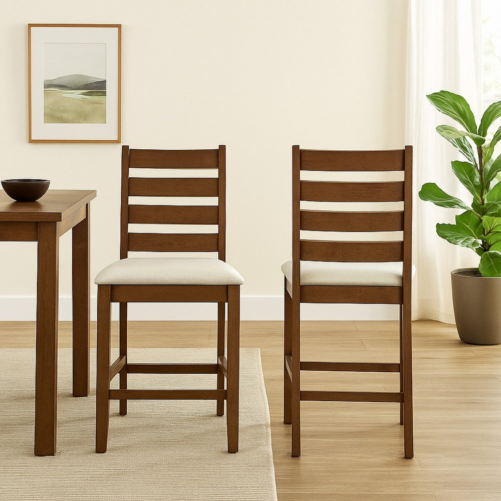 Accai Counter Height Chair Set of 2, Beige Polyester, Brown Rubberwood -BM329858