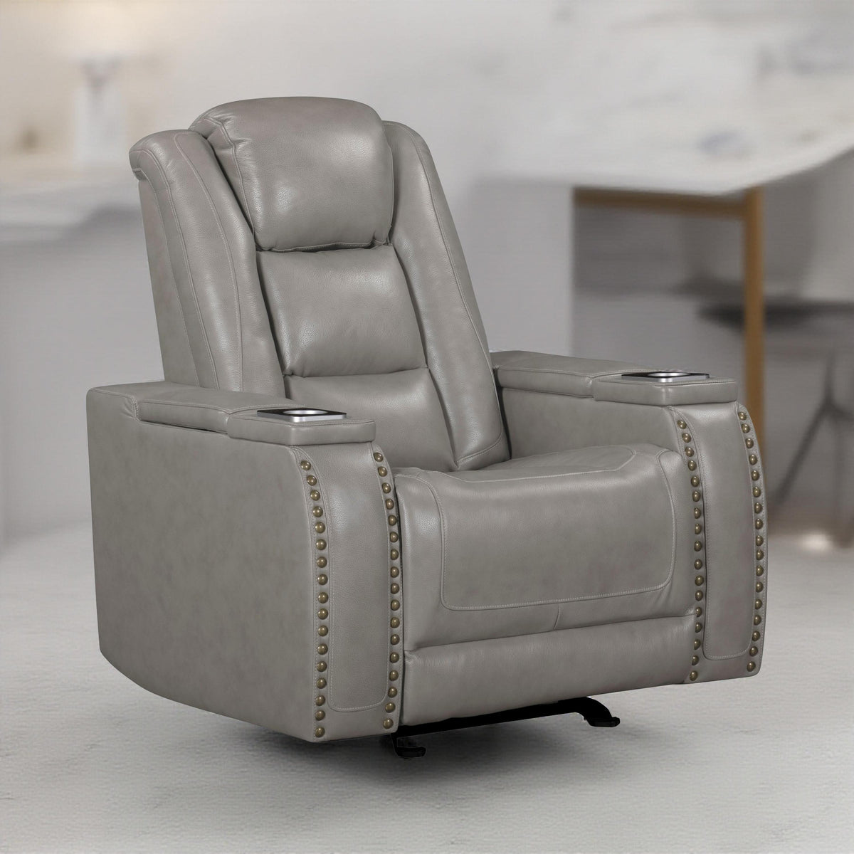 Luxe Power Glider Recliner Chair, Armrest Storage, Gray Real Leather  - BM329889