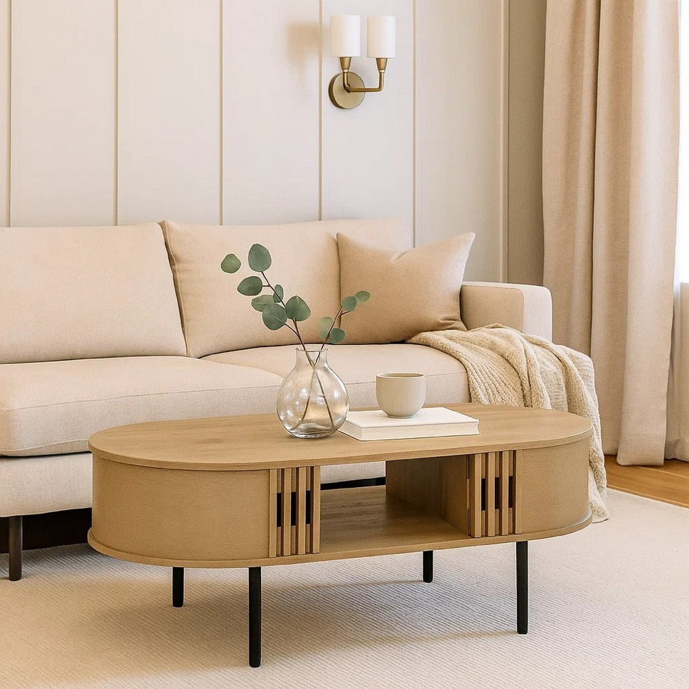 Brandon Cocktail Coffee Table with Inner Shelf, Oval Light Beige Wood -BM329900