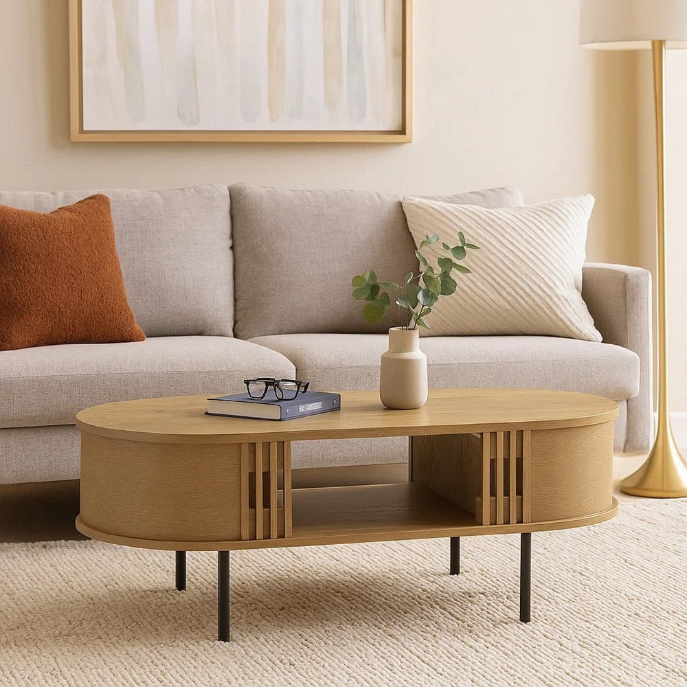 Brandon Cocktail Coffee Table with Inner Shelf, Oval Light Beige Wood -BM329900