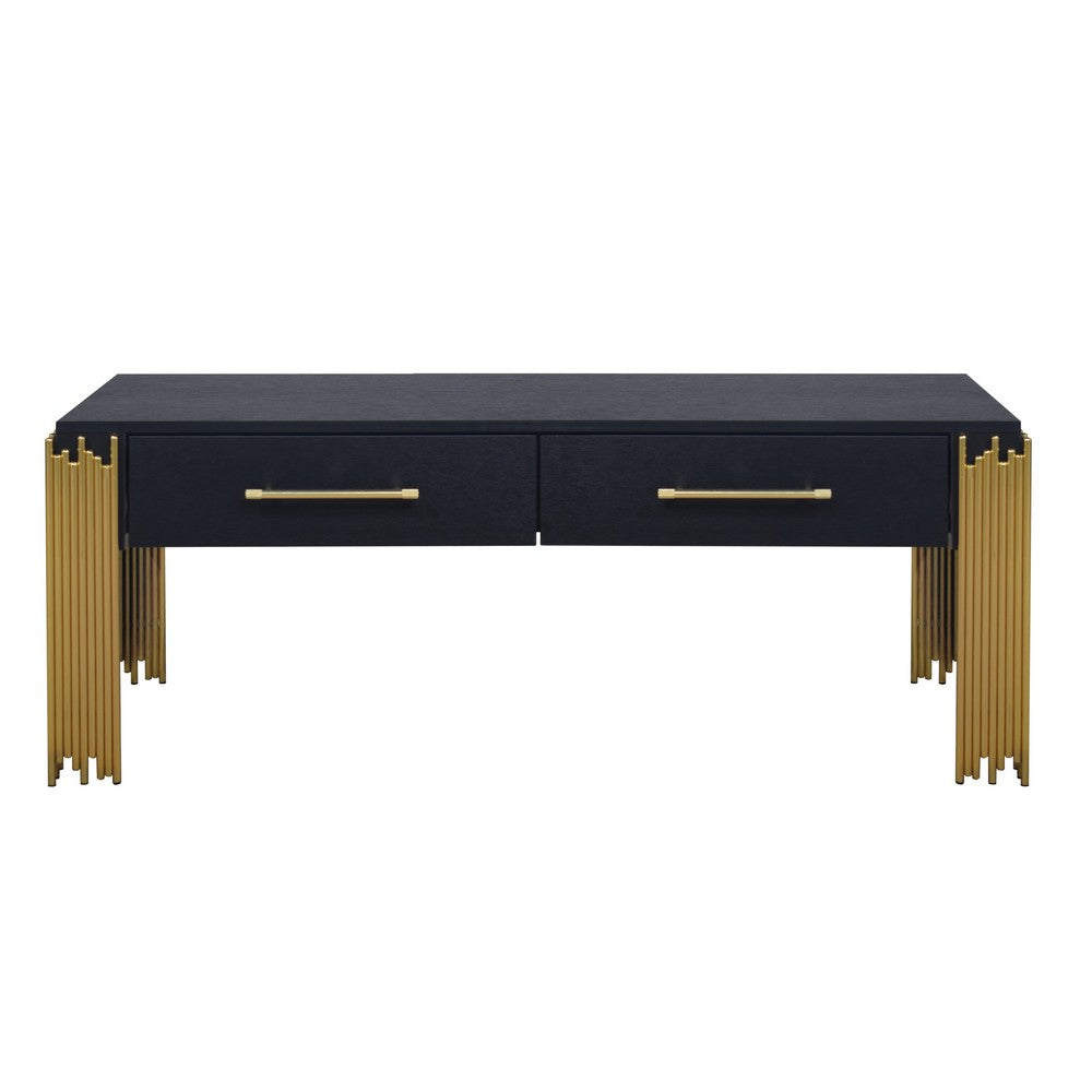 Theo Coffee Table, 2 Drawers, Gold Metal, Retro Black Wood 48 Inch -BM329921