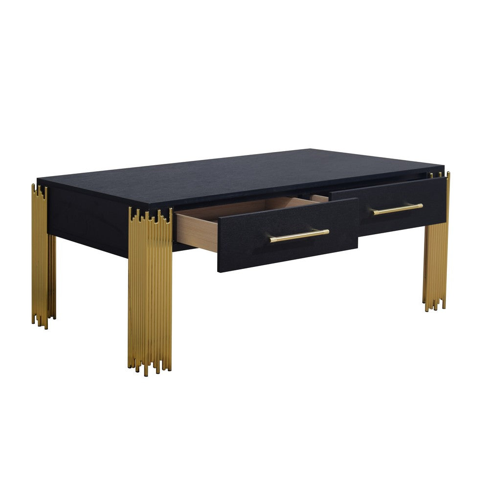 Theo Coffee Table, 2 Drawers, Gold Metal, Retro Black Wood 48 Inch -BM329921