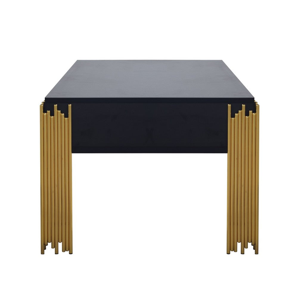 Theo Coffee Table, 2 Drawers, Gold Metal, Retro Black Wood 48 Inch -BM329921