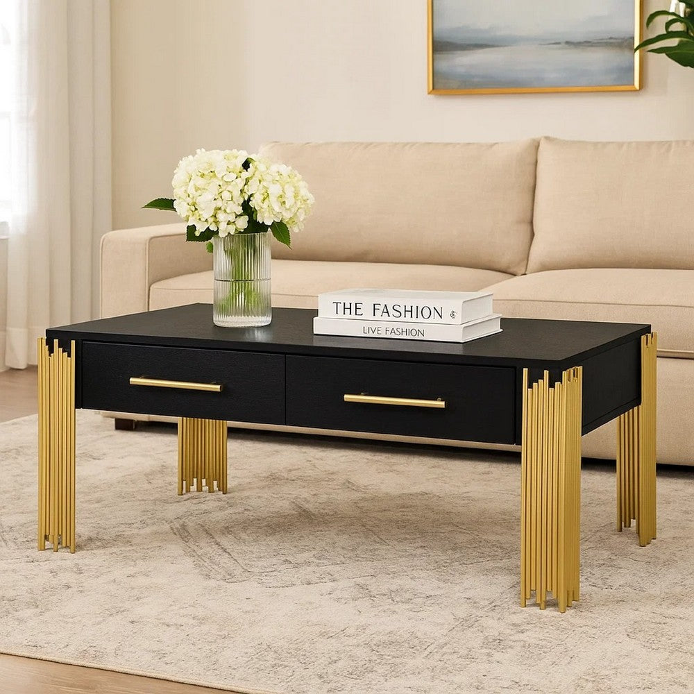 Theo Coffee Table, 2 Drawers, Gold Metal, Retro Black Wood 48 Inch -BM329921