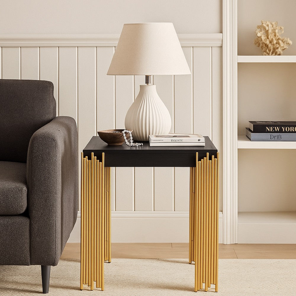 Theo Side End Table, Retro Gold Metal Legs, Black Wood, Square 25 Inch -BM329925