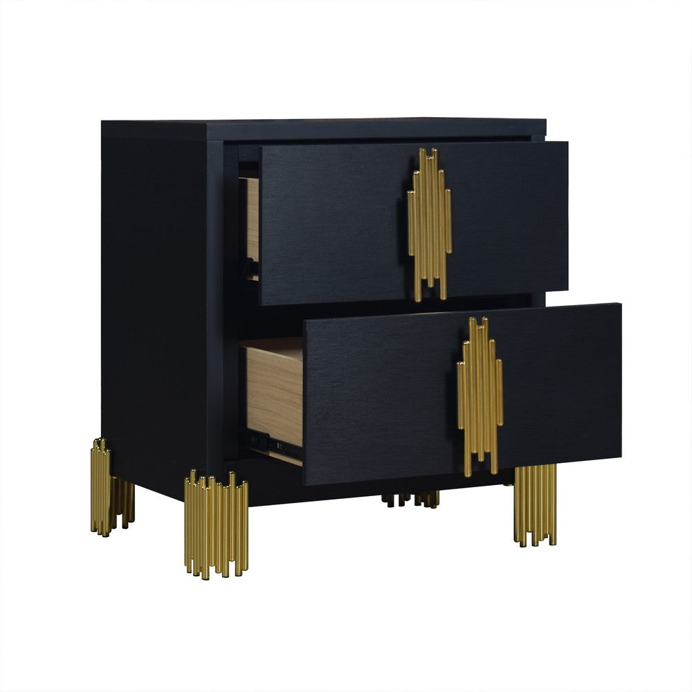 Theo Nightstand, 2 Drawers, Retro Gold Handles and Black Wood, 25 Inch -BM329929
