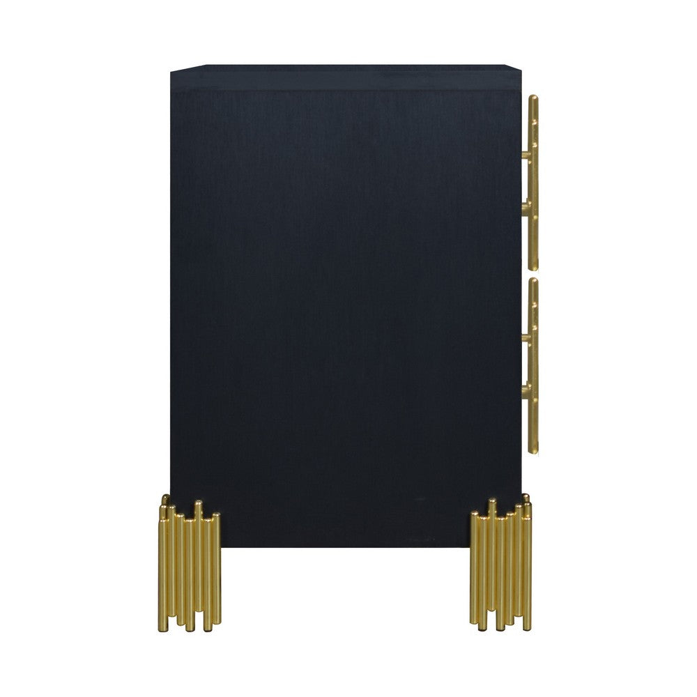 Theo Nightstand, 2 Drawers, Retro Gold Handles and Black Wood, 25 Inch -BM329929