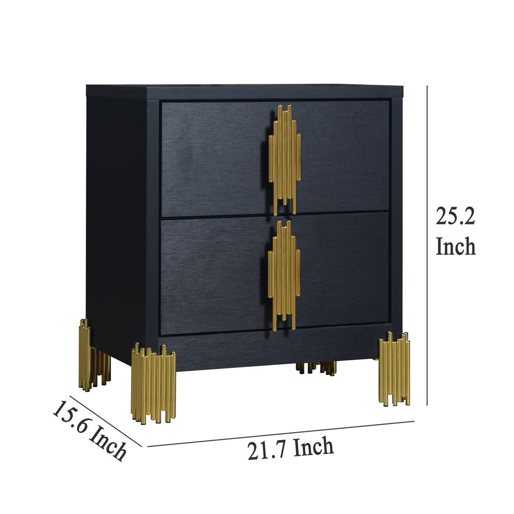 Theo Nightstand, 2 Drawers, Retro Gold Handles and Black Wood, 25 Inch -BM329929