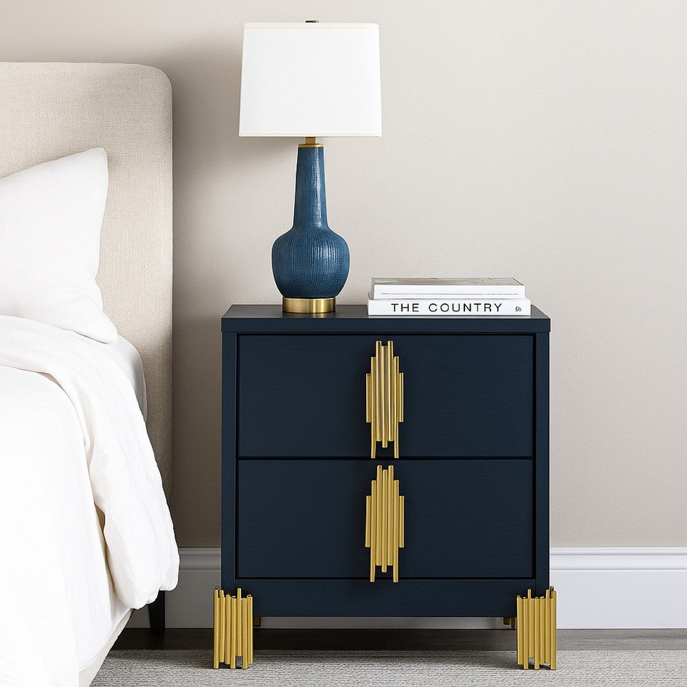 Theo Nightstand, 2 Drawers, Retro Gold Handles and Black Wood, 25 Inch -BM329929