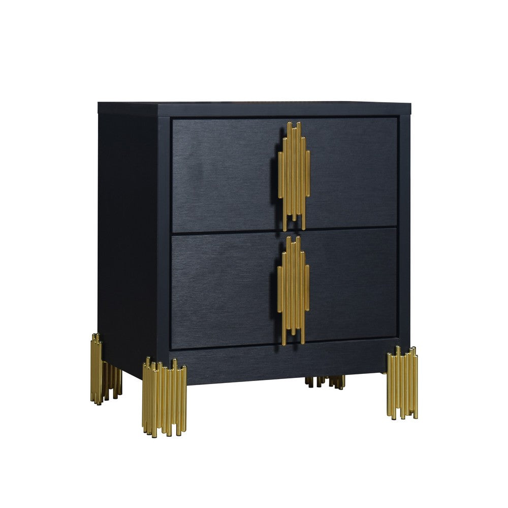 Theo Nightstand, 2 Drawers, Retro Gold Handles and Black Wood, 25 Inch -BM329929