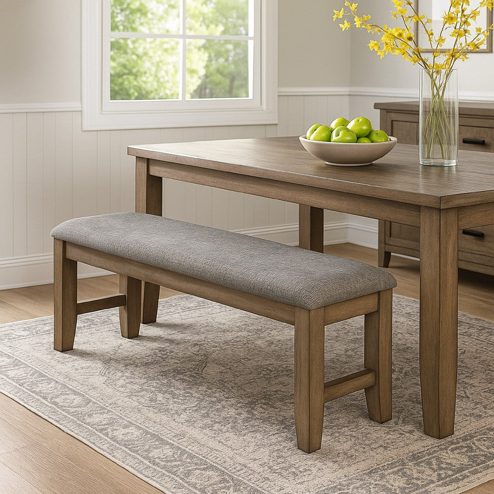Harris Dining Bench, Gray Fabric, Brown Solid Rubberwood, 60 Inch -BM329934