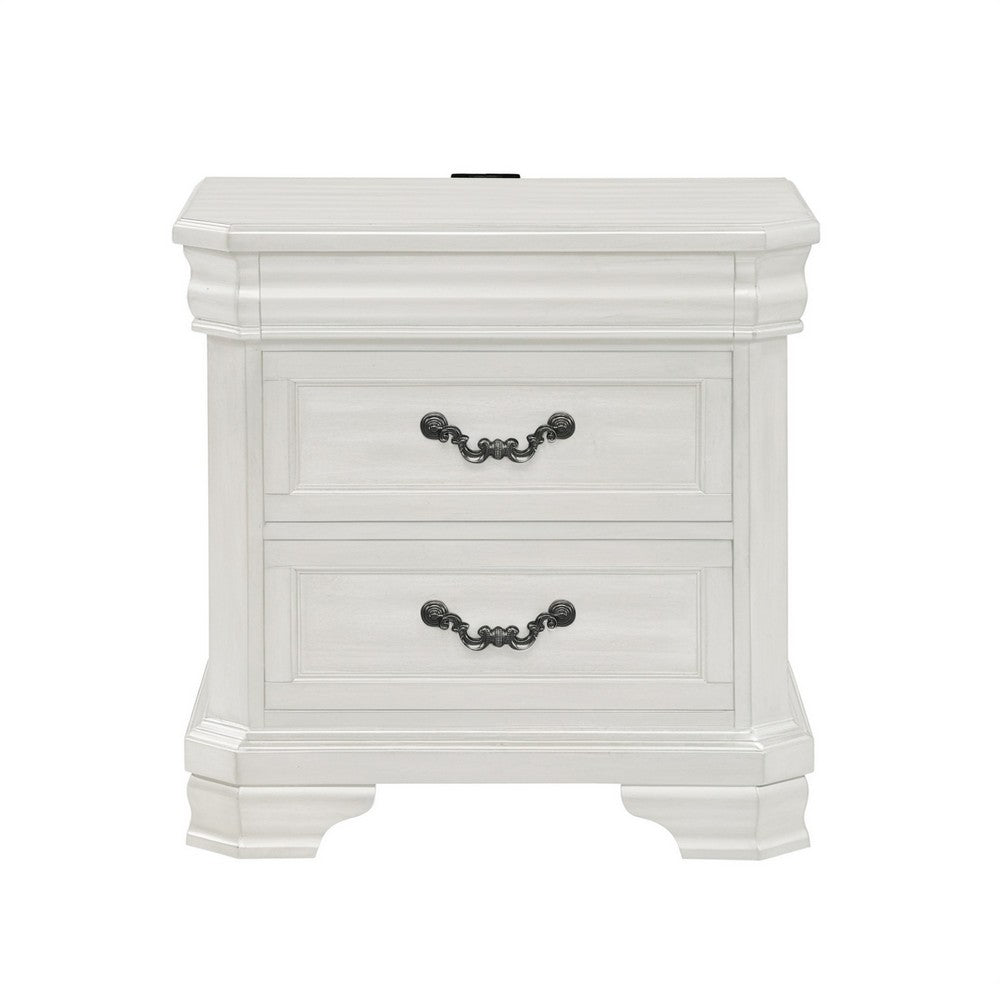 Lynda Nightstand, 2 Drawers Metal Handles, White Acacia Wood 27 Inch -BM329961