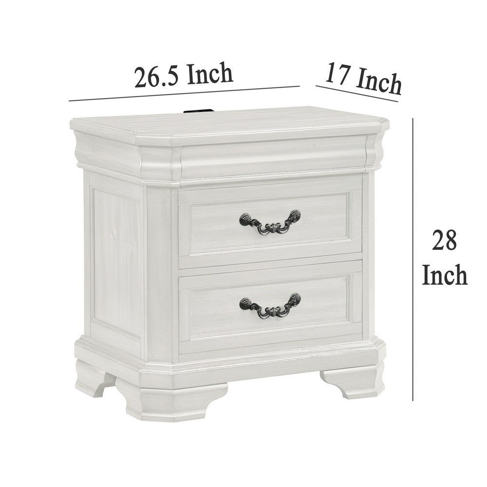 Lynda Nightstand, 2 Drawers Metal Handles, White Acacia Wood 27 Inch -BM329961
