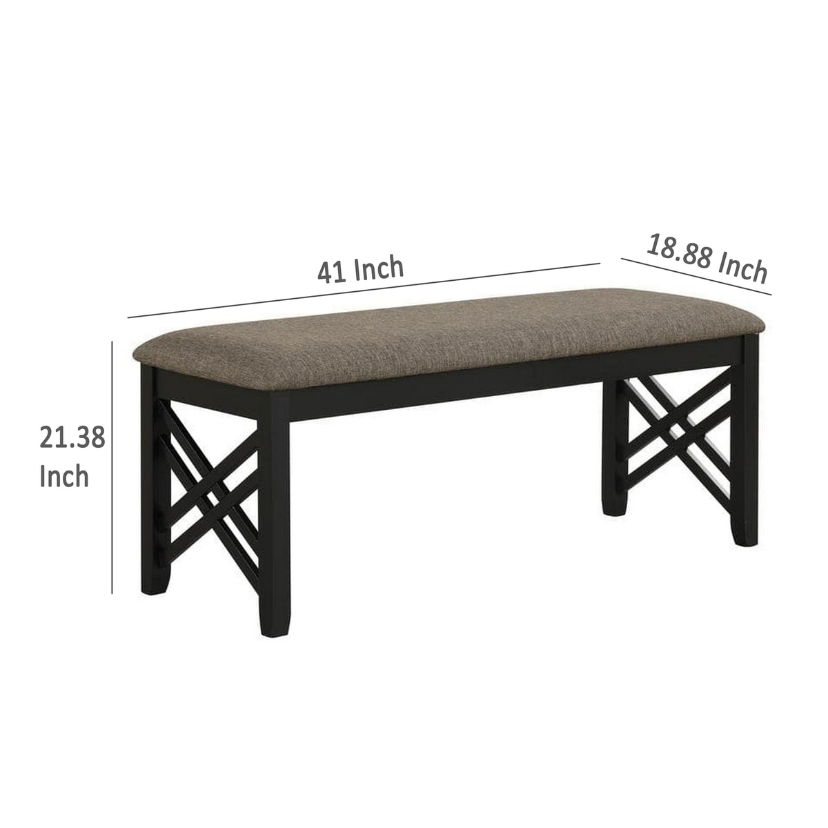 Mac Dining Bench, Brown Polyester, Lattice Design Black Wood, 41 Inch  - BM329968