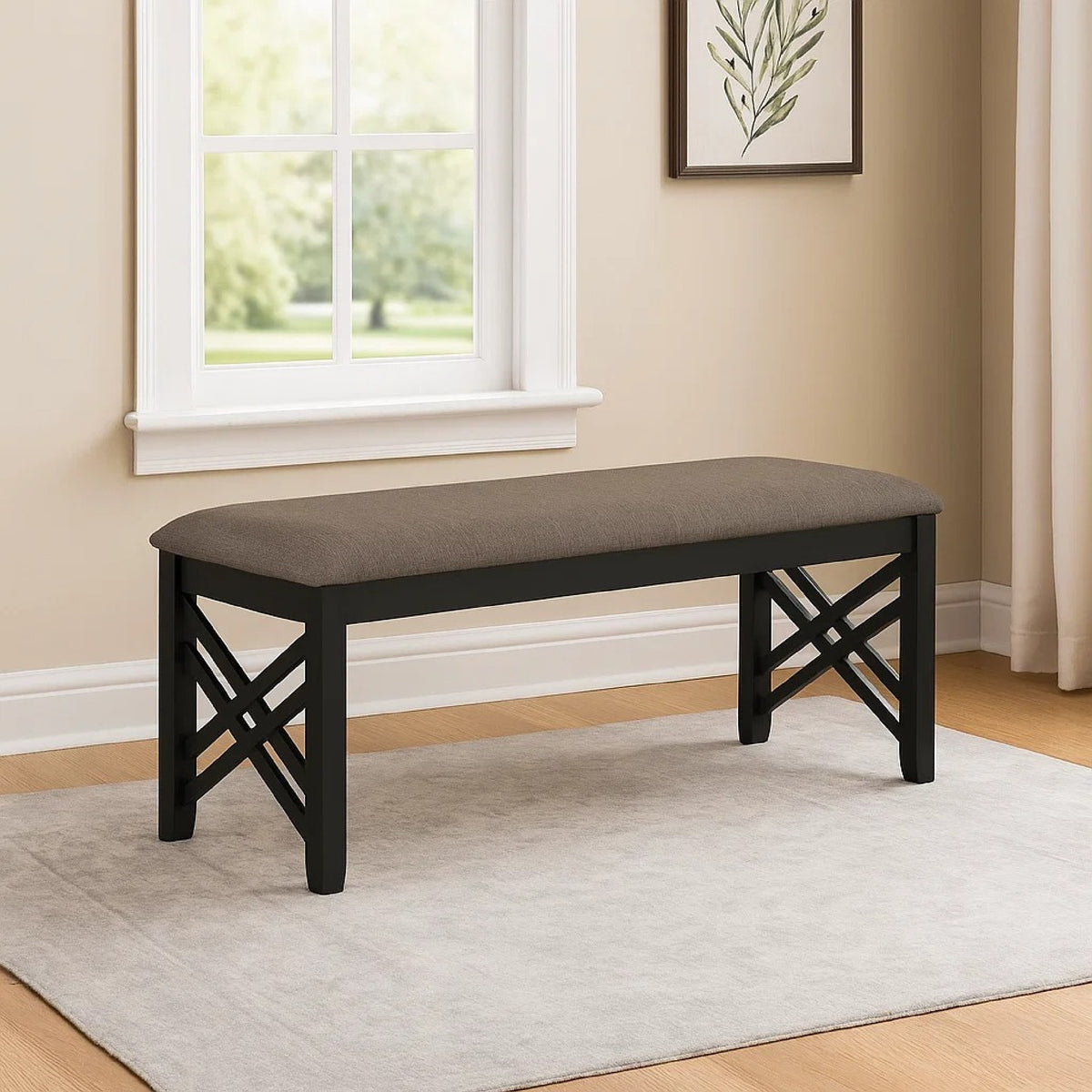 Mac Dining Bench, Brown Polyester, Lattice Design Black Wood, 41 Inch  - BM329968